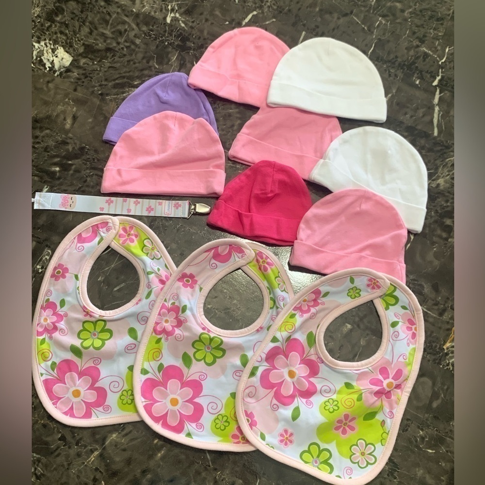 BABY Girl Bundle (bibs, hats, pacifier holder) New
